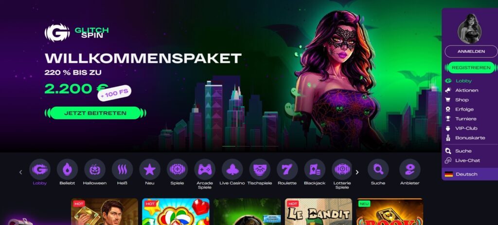 Die Glitch Spin Webseite bewirbt die aktuellen Boni