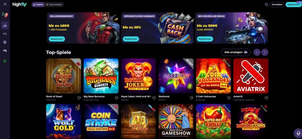 Die Highfly Bet Webseite hat ein modernes Layout