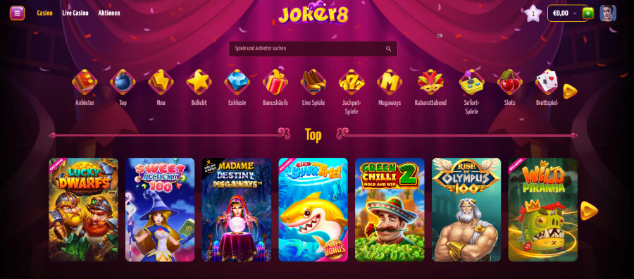 Die Joker8 Casino Lobby: eine grandiose Auswahl an Slots.