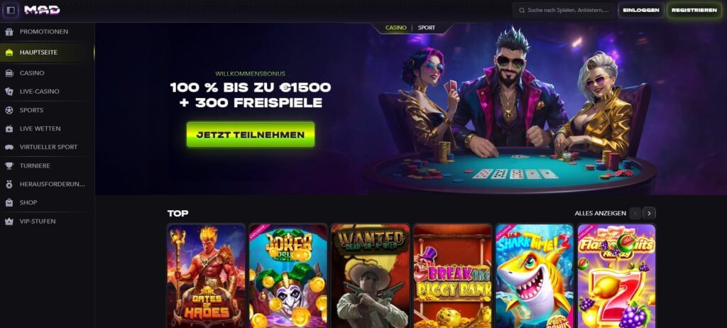 Die Mad Casino Webseite bewirbt den Willkommensbonus