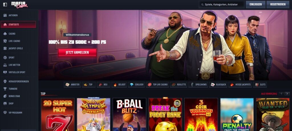 Ein Banner bewibrt auf der Mafia Casino Webseite Boni