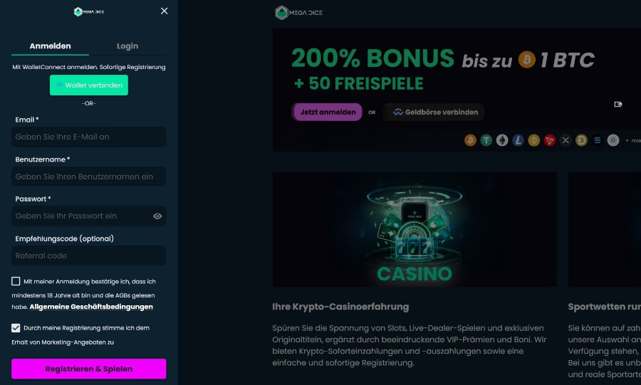 Im Mega Dice Krypto Casino melden sich in 5 Sekunden an