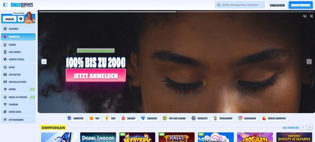 Die Onlyspins Startseite zeigt viele Videos