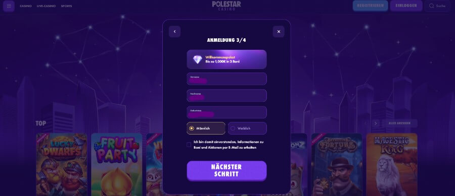 Schick anmelden bei im Polestar Online Casino