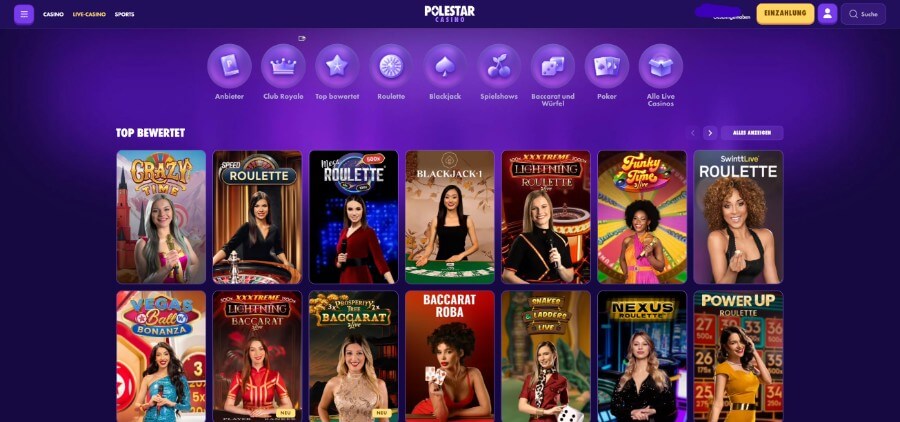 Die Live-Casino Lobby des Polestar Casinos