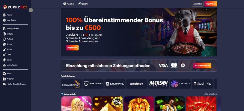 Die PuppyBet Webseite bleibt dem Thema Hunde treu
