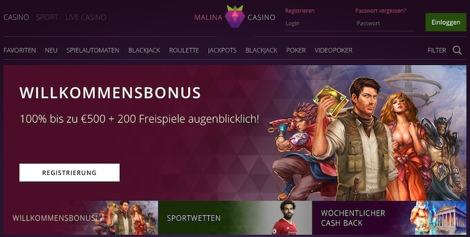 Malina Casino Frontpage