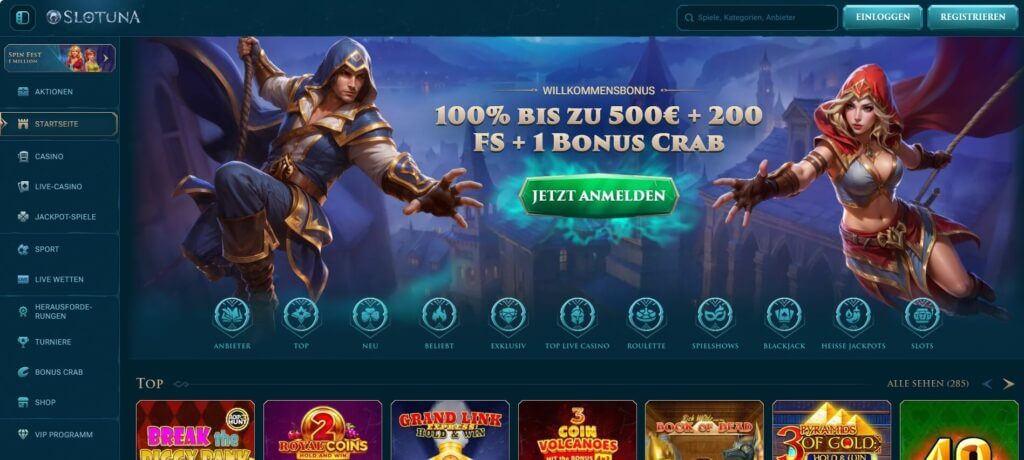 Die Slotuna Webseite bewirbt den Willkommensbonus