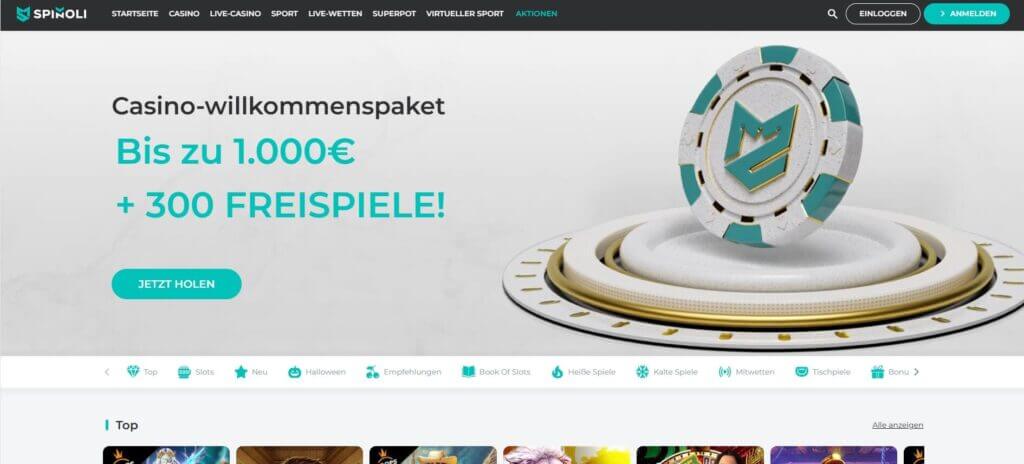 Die Spinoli Webseite bewirbt den Willkommensbonus
