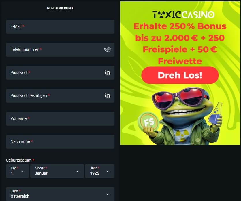 Die ToxicCasino Registrierung ist schnell erledigt