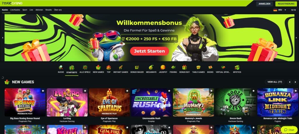 Auf der Toxic Casino Webseite werden aktuelle Boni beworben