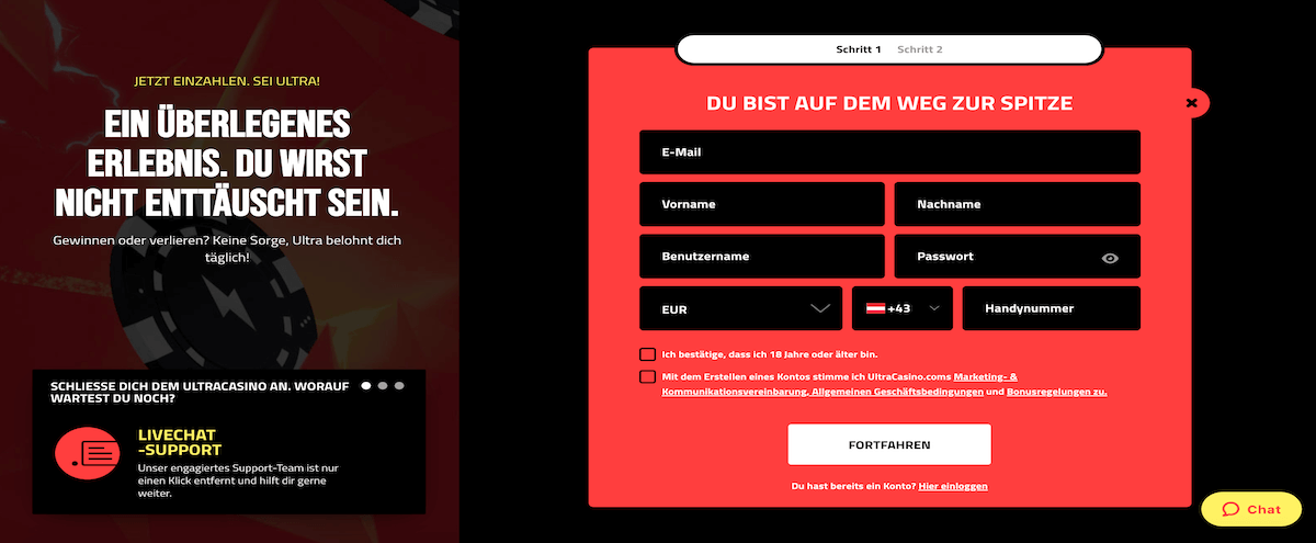 Bei UltraCasino anmelden