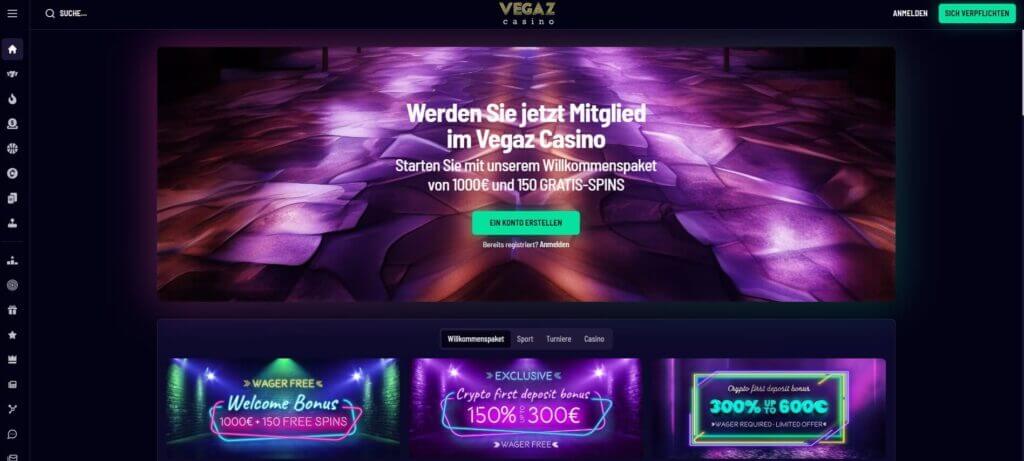 Die Webseite des Vegaz Casinos